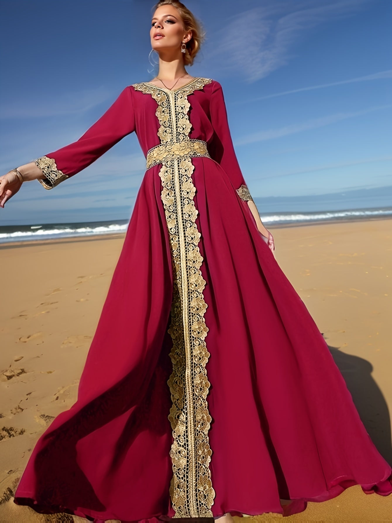 Ramadan Lace Trim V Neck Kaftan, Elegant Long Sleeve 'MH