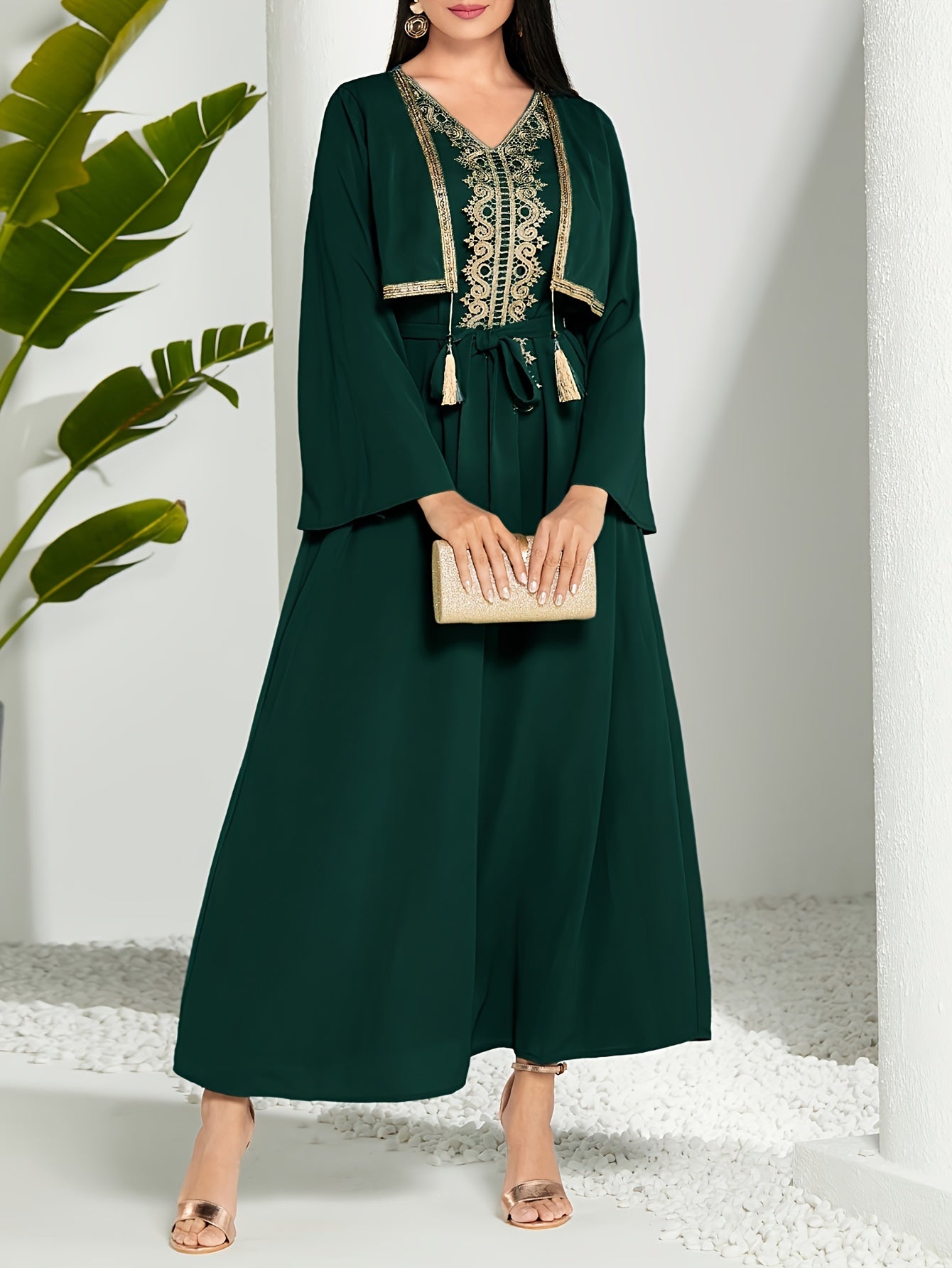 2 In 1 Lace Trim V-neck Kaftan Dress, /MH