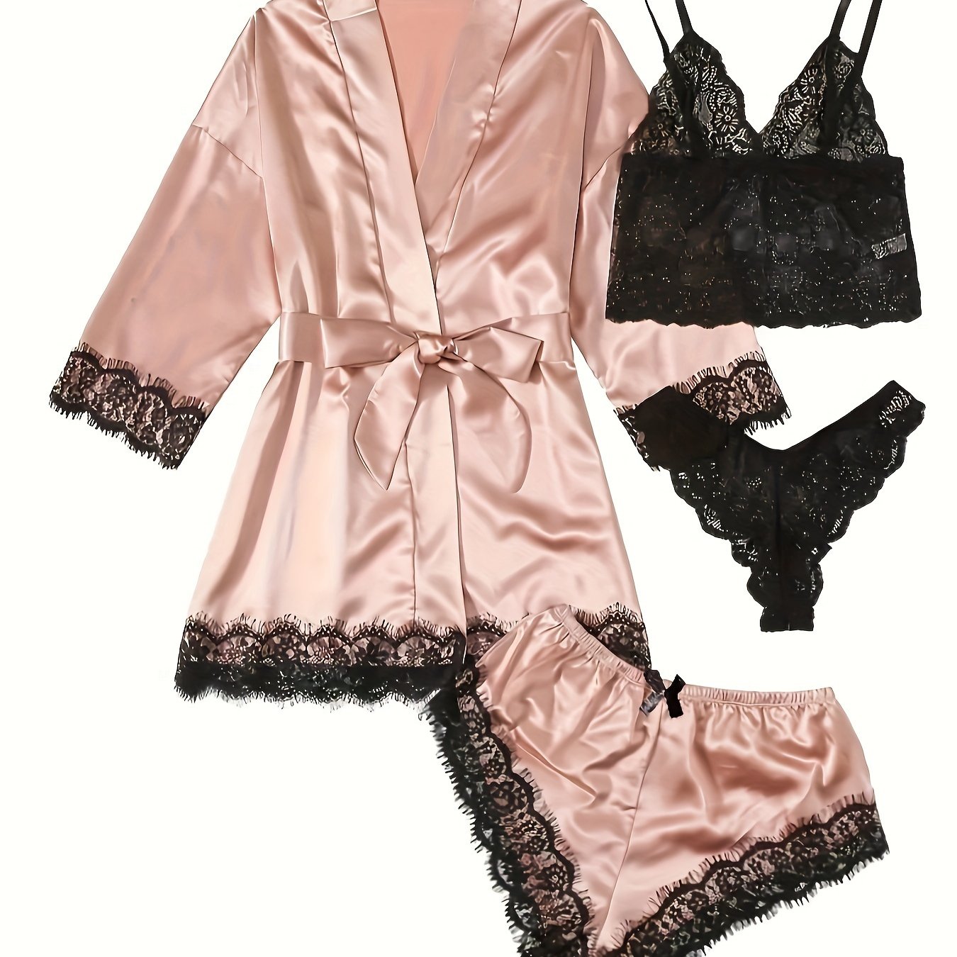 Lace Stitching Satin Pajama Set,
