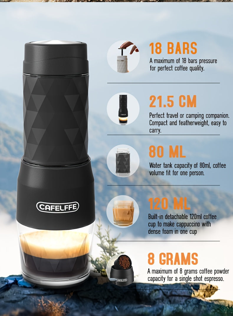Cafelffe 3in 1 Portable Coffee Machine Manual Capsule Espresso Machine Non-heating, Non-electric, Suitable for Nespresso Capsules, Dolce Gusto Capsules and Grind Coffee, Suitable for Car, Travel, Office, Camping and Hiking, T