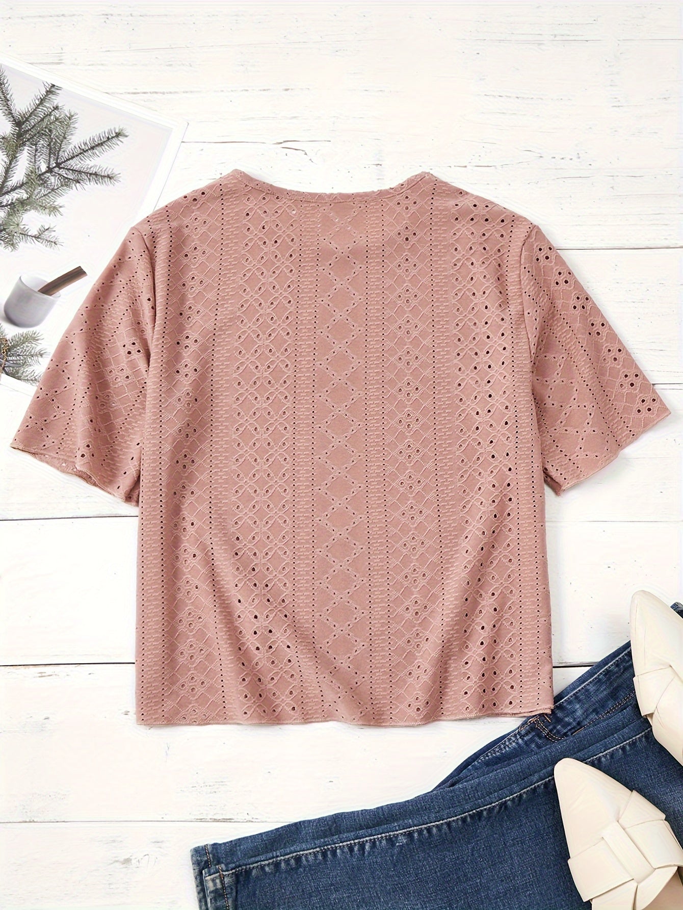 Eyelet Embroidery T-Shirt, Short Sleeve Crew Neck Summer Casual Top, Women's Clothing