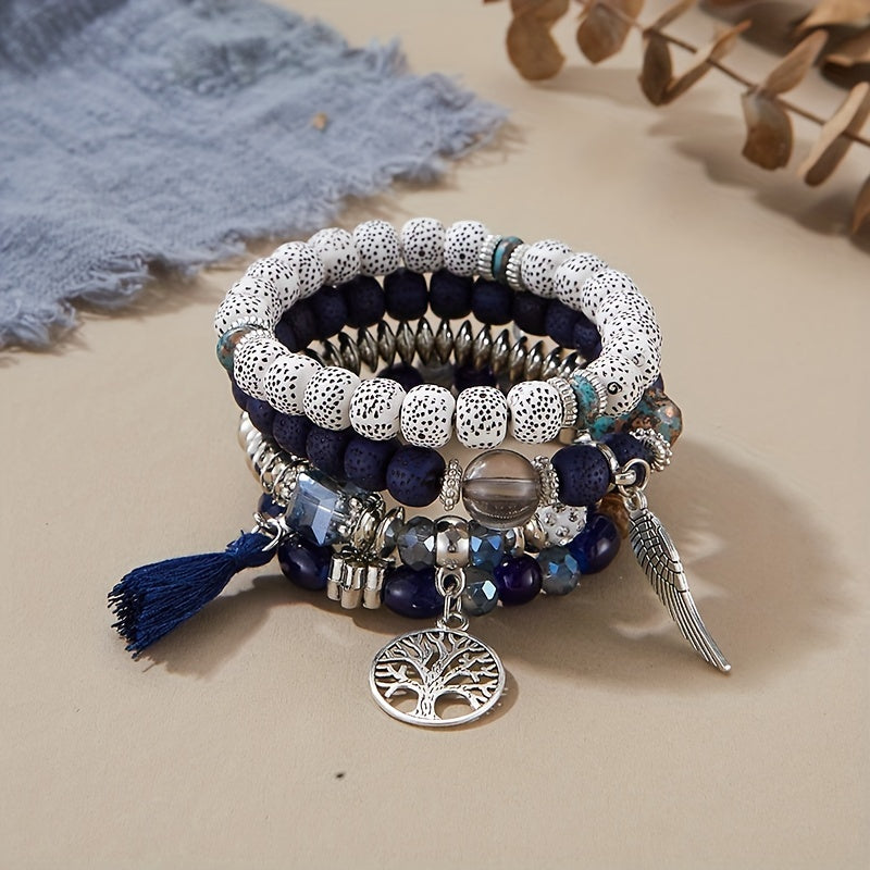 4pcs/set Bohemian Hand String, Tree Of Life Feather Wings Pendant Bracelet, Tassel Couple Handmade Unisex Bracelet, Father's Day Gift