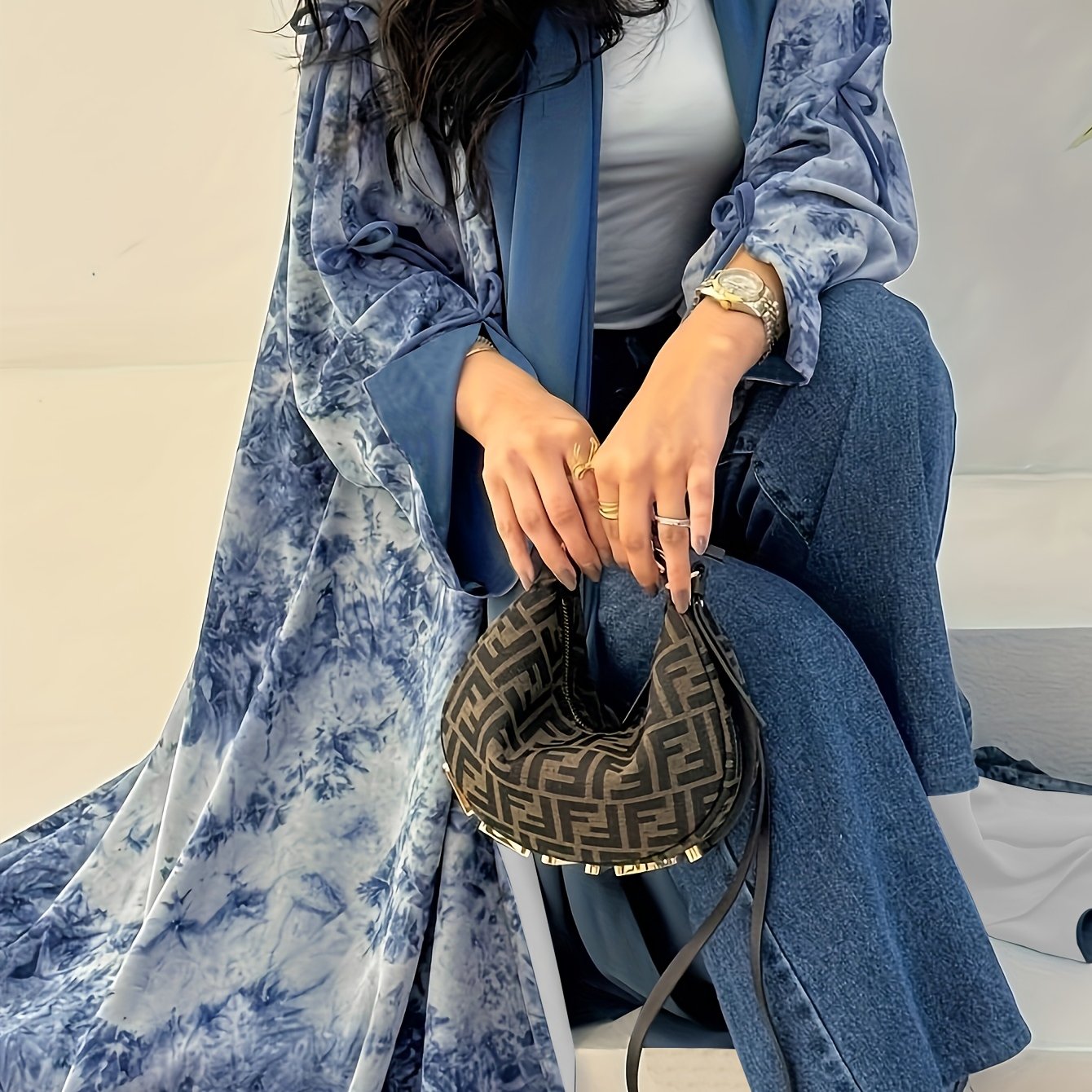 Women'S Elegant Blue Floral Print Chiffon Abaya with Golden Accents - / MH
