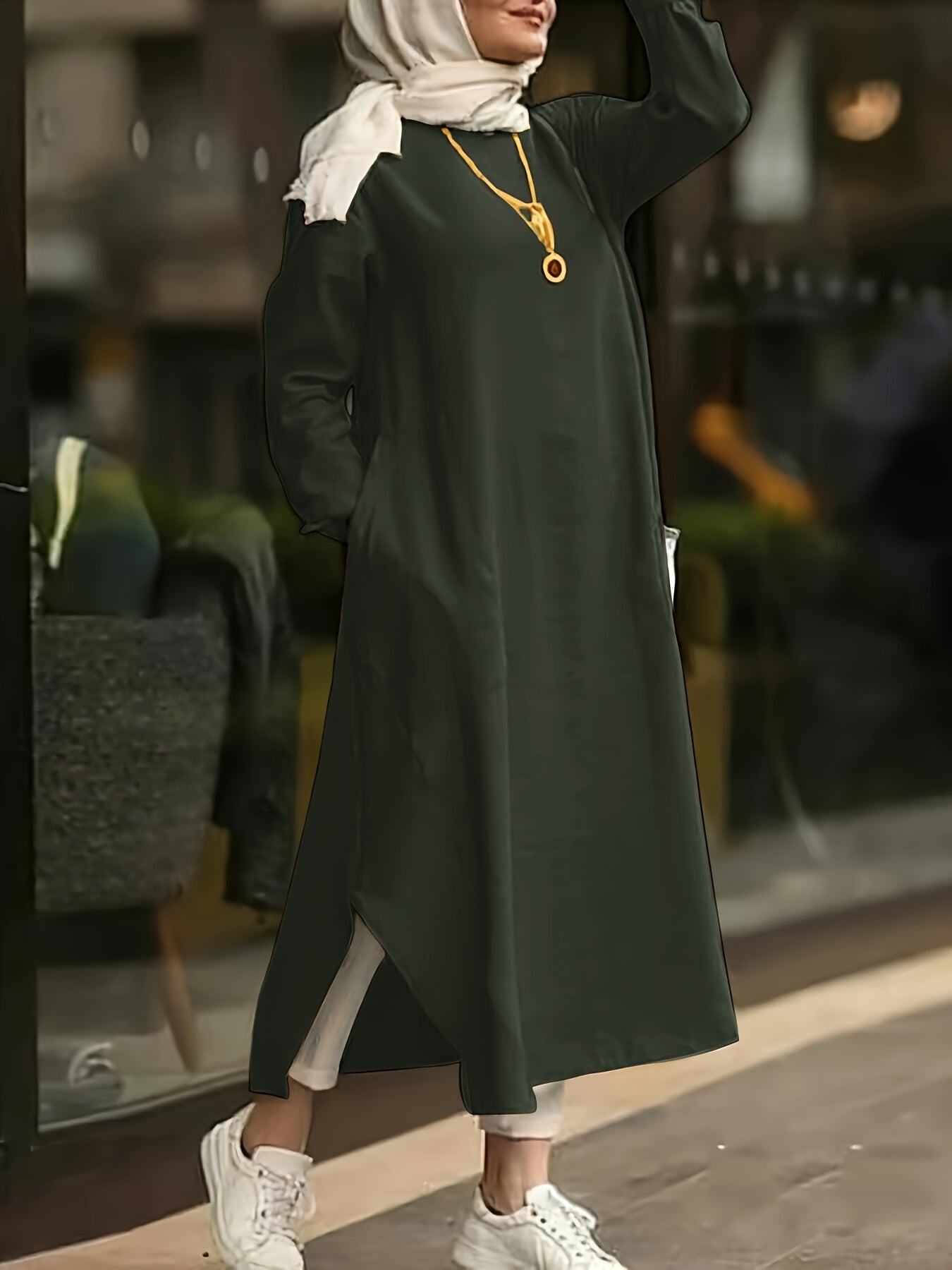 Solid Split Kaftan Dress, Modest Long Sleeve Maxi Dress '/MH