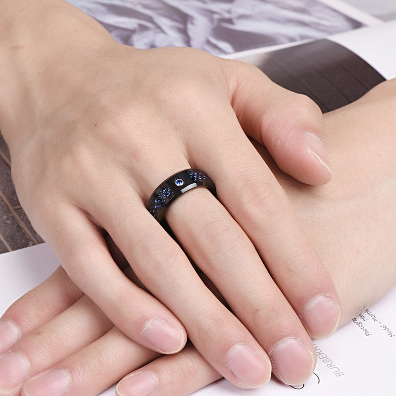 8Mm Wide Inlaid Black Dragon Pattern Blue Carbon Fiber Men'S.