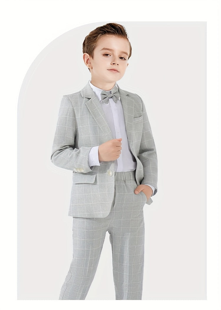 3pcs Boys Formal Plaid Gentleman Outfits, Long Sleeve Blazer.