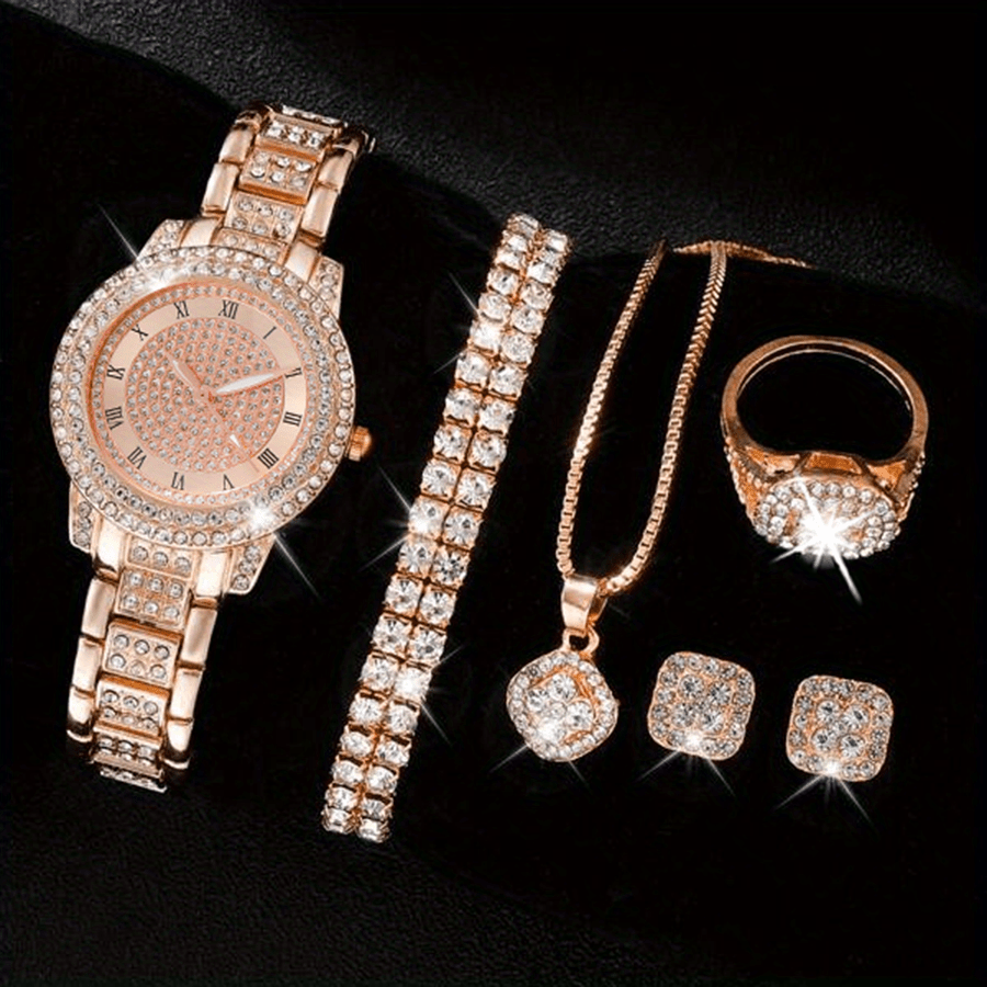 Luxury Rhinestone Quartz Watch Hiphop Fashion Analog Wrist Watch & 6pcs Jewelry Set, Gift For Women Her