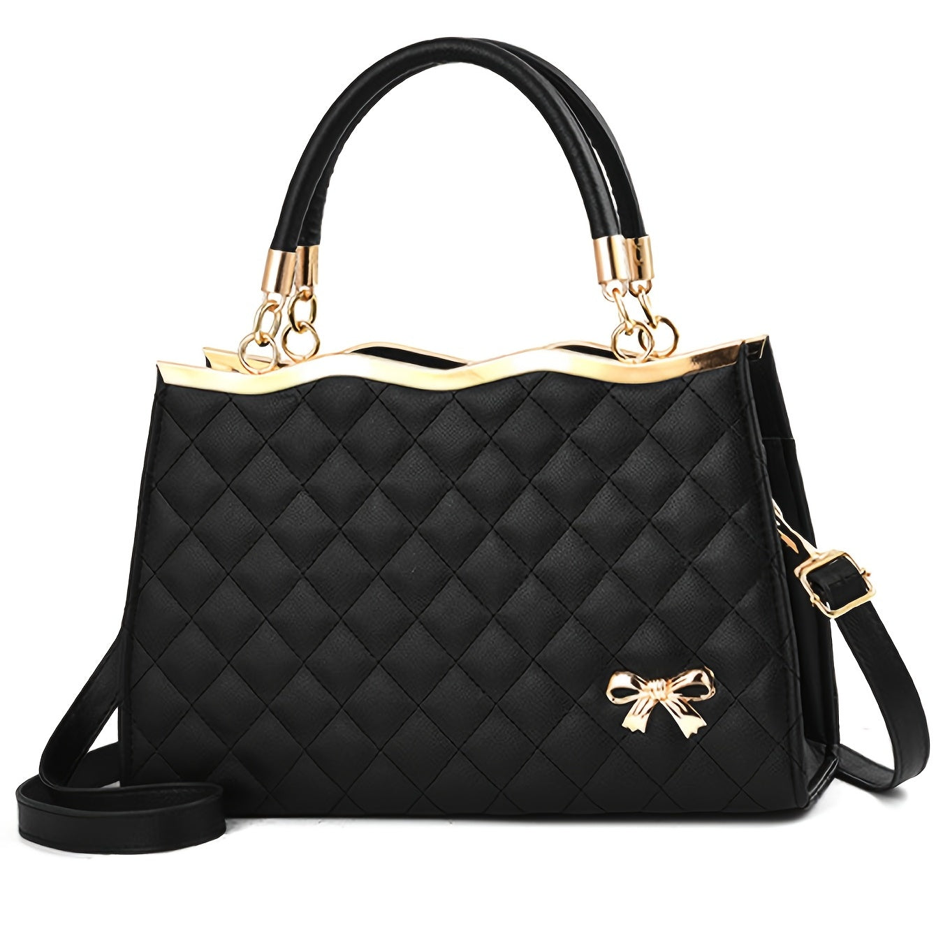 Women'S Quilted PVC Handbag with Bow Embellishment, Adjustable Strap.