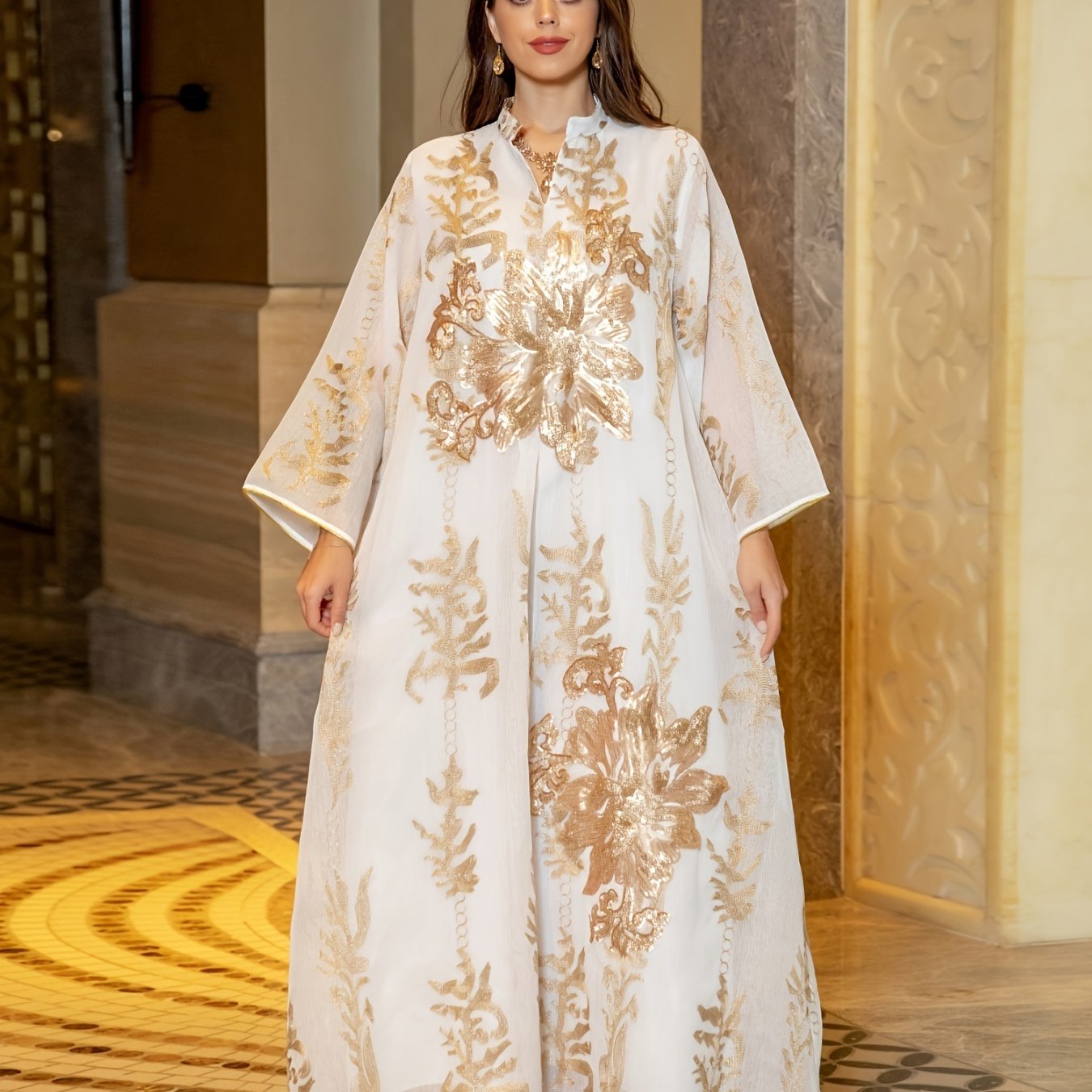 Ramadan Floral Pattern Notched Neck Kaftan Abayas, /MH