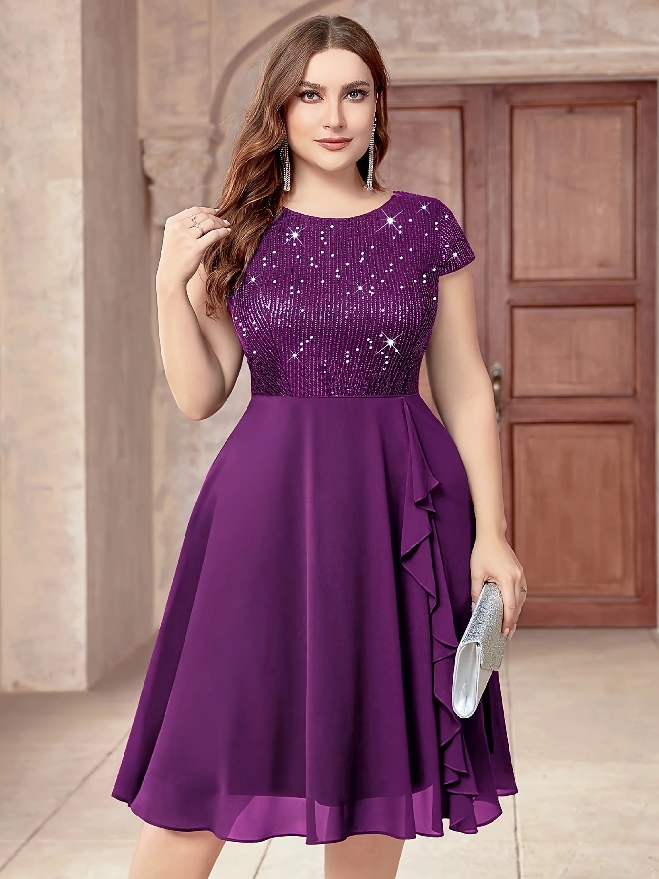 Women'S Plus-Size Chiffon Dress with Sequin Patchwork