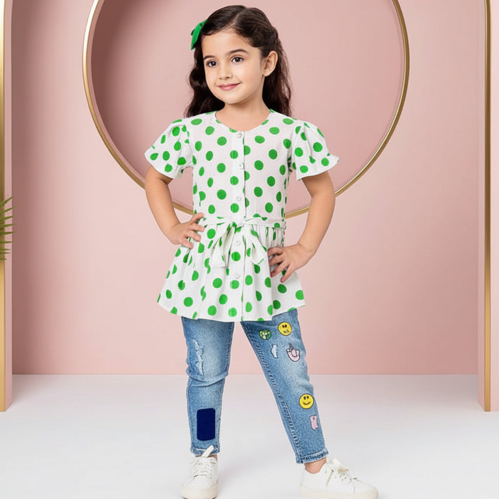 Girls' Polka Dot Tunic Top – Short Sleeve Tie-Waist Blouse (Ages 2-12) I MH