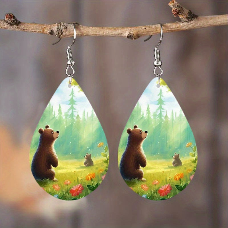 1 Pair Unique Tree of Life Wooden Earrings - Drop & Dangle Jewelry with Waterdrop Design, Flower Pattern, and Leaves Motif - Perfect Gift for Girls and Nature Lovers