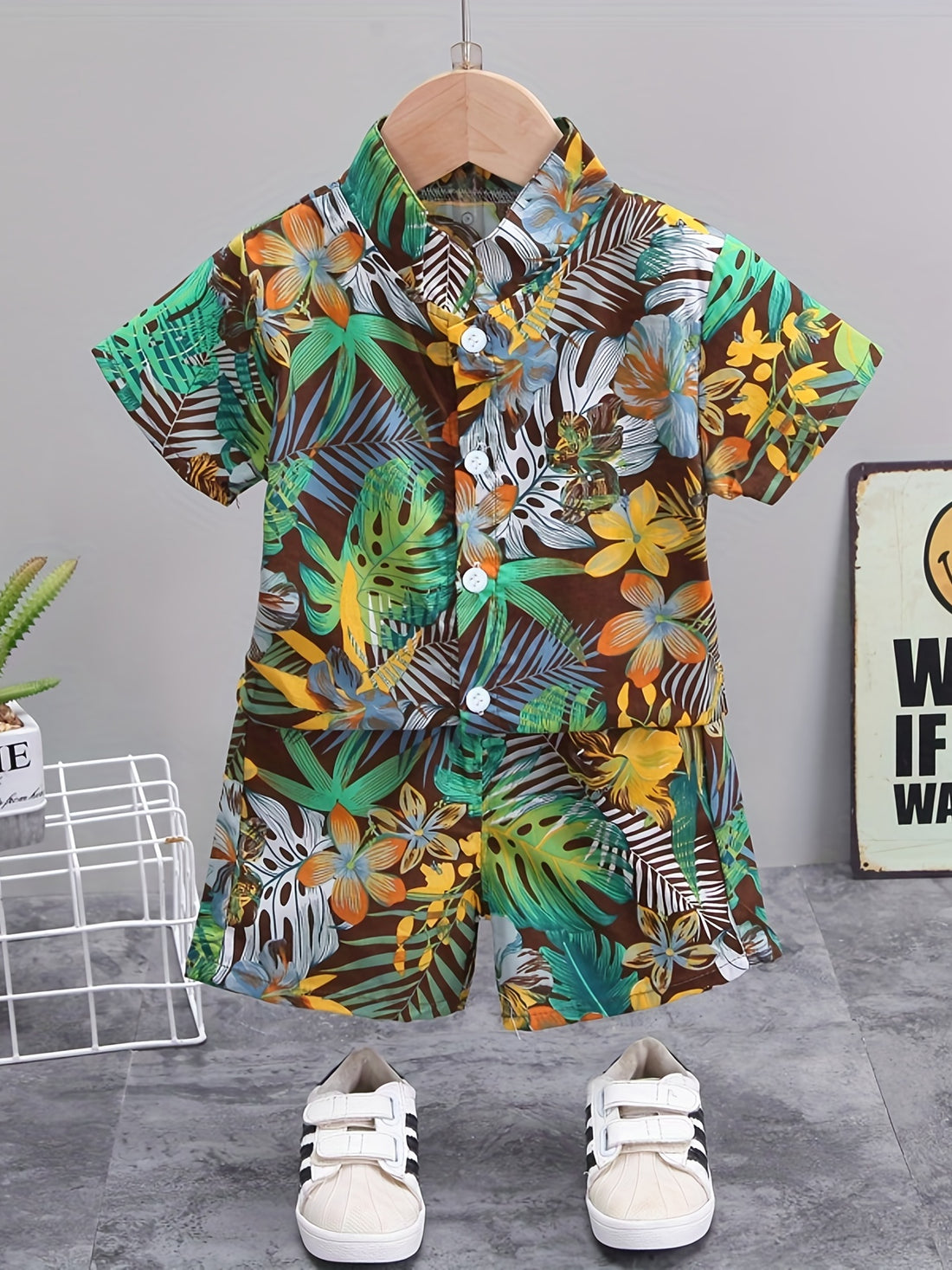 Boys Leaf And Flower Print Casual Outfit Short Sleeves .