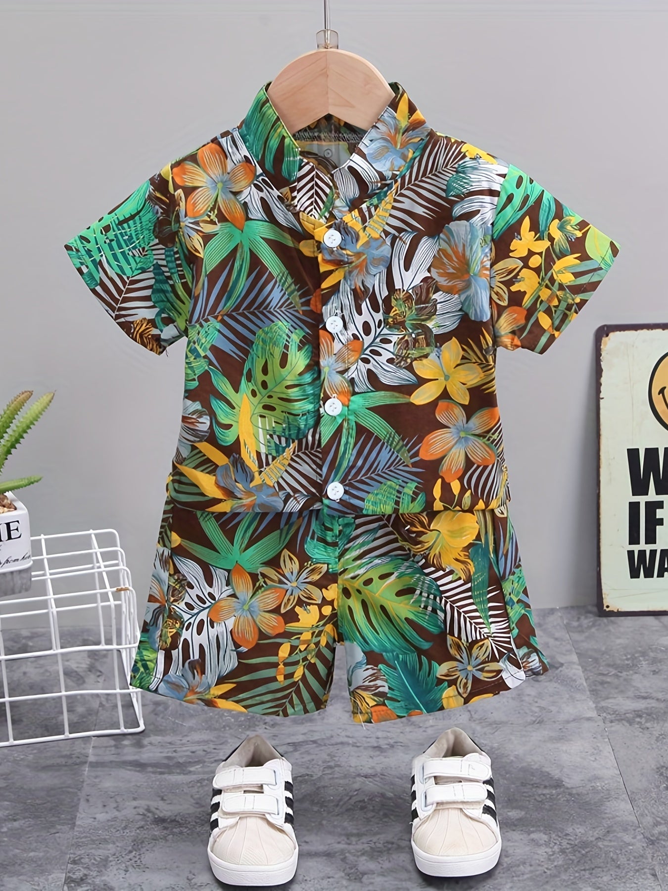 Boys Leaf And Flower Print Casual Outfit Short Sleeves .