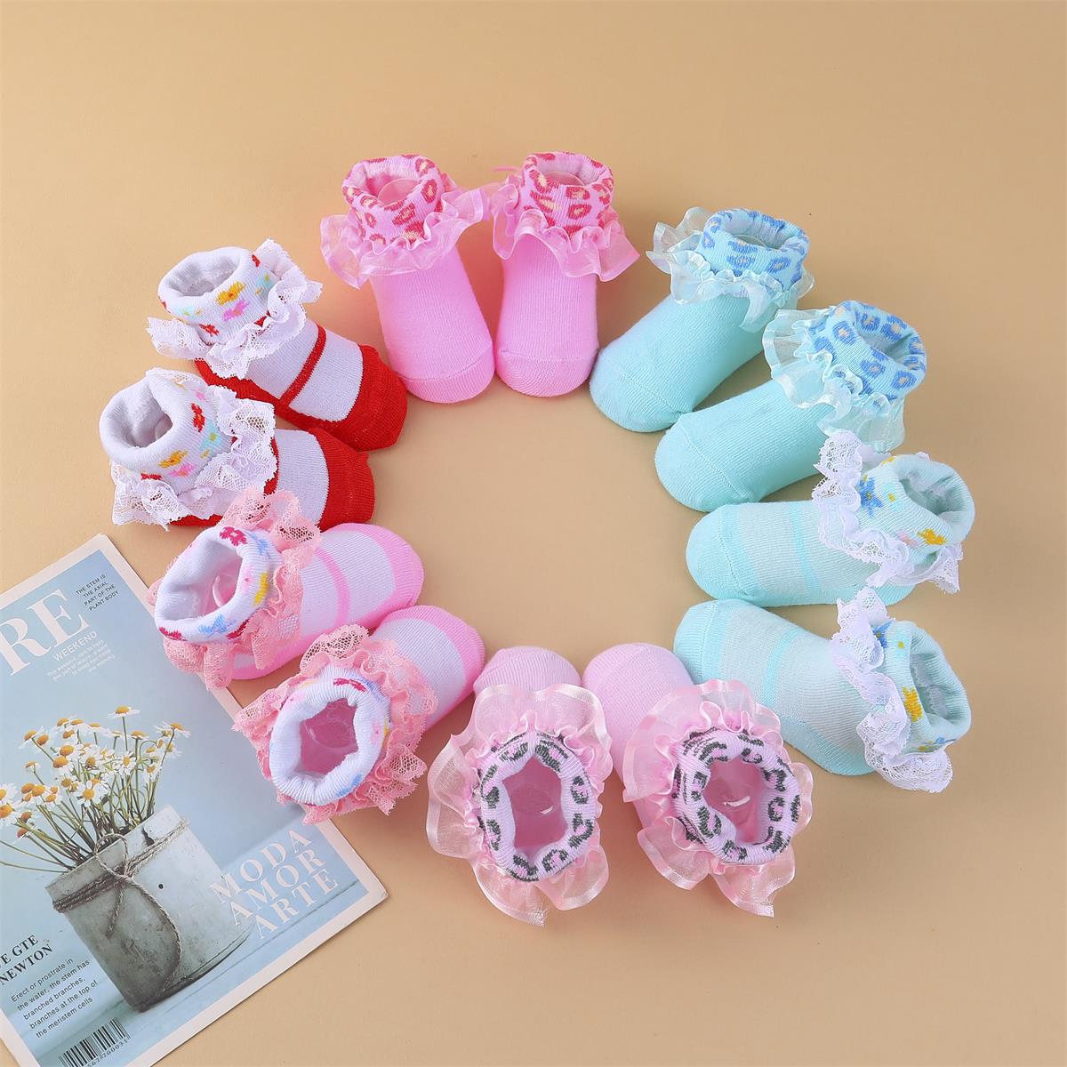 6 Pairs Baby Girls Socks, Multicolor Ruffle Lace Toddler Socks,/MH
