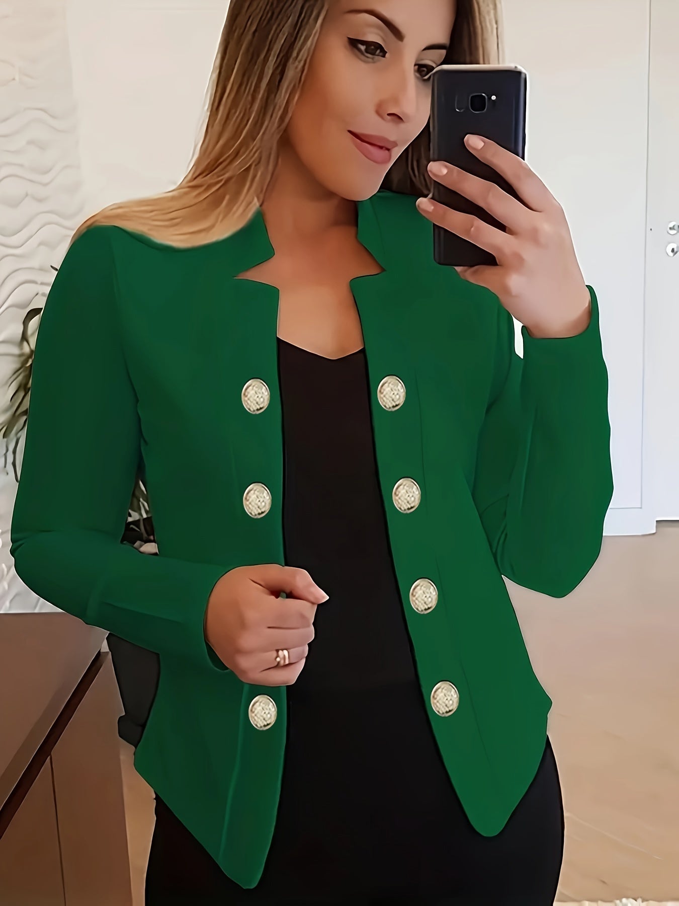 Button Decor Open Front Blazer, Casual Long Sleeve.