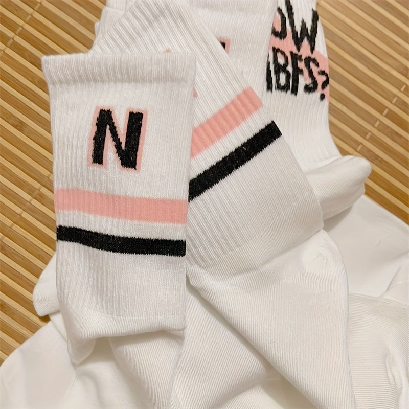 7 Pairs Letter Striped Socks,, Women's Stockings & Hosiery./MH