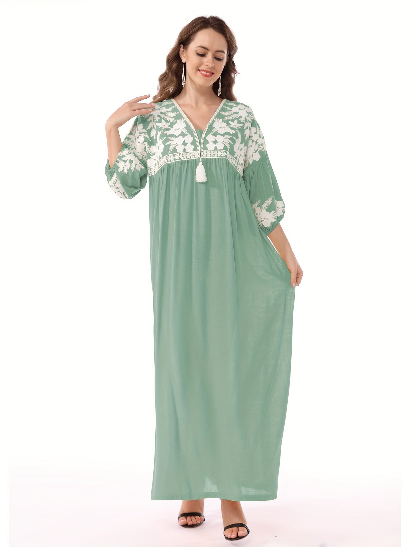 Themed Green Dress with White Floral Embroidery - ./MH