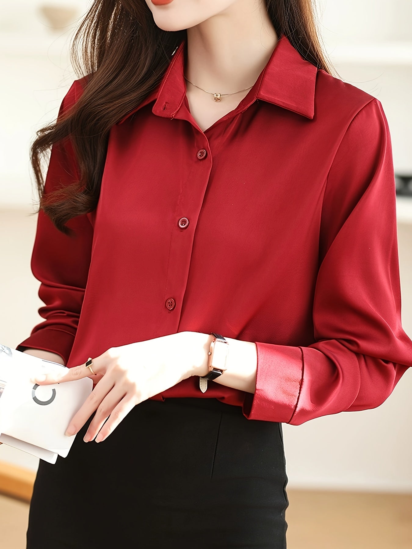 Luxury Feel Wrinkle-Resistant Satin Shirt for Women | Solid Color