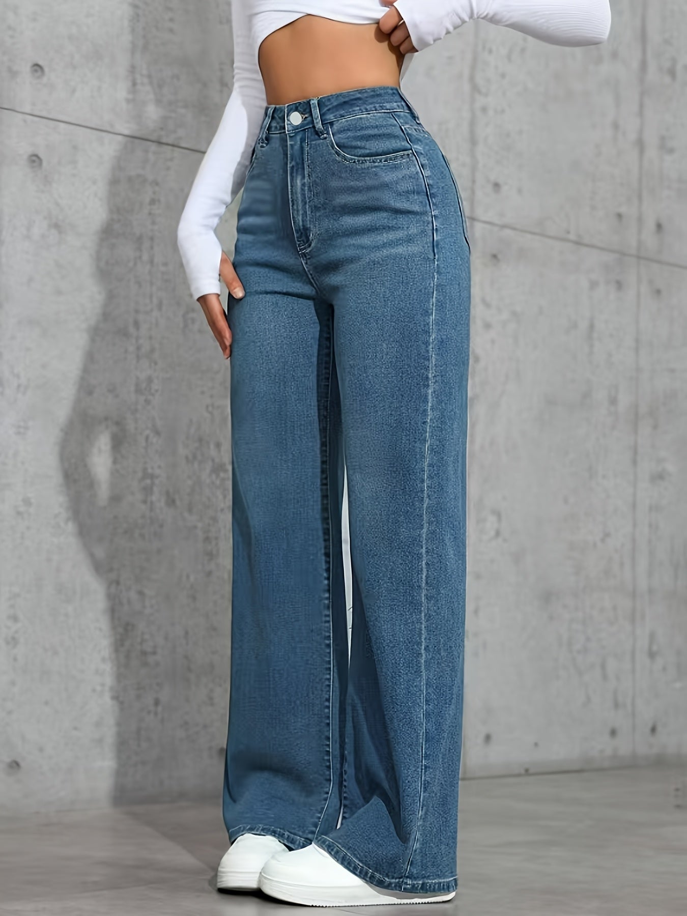 Fashion versatile blue high-waisted stretchy loose straight-leg Women's denim trousers./MH