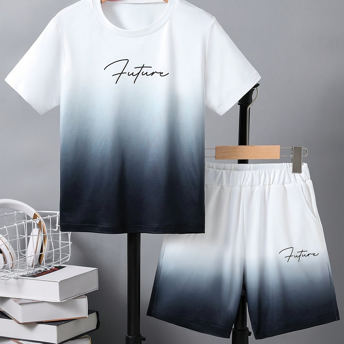 Boy's Color Gradient 2pcs, T-shirt & Shorts Set,