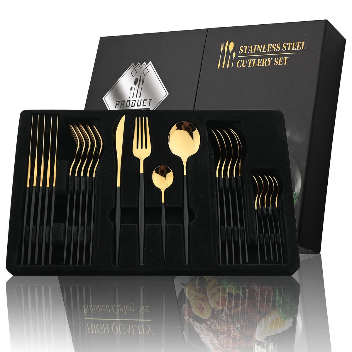 24-Piece Luxury Black Handle Golden Cutlery Set - High-Quality Stainless Steel Knife, Fork, and Spoon Tableware Flatware Set for Festival, Kitchen, and Dinnerware - Ideal Gift for Friends and Family