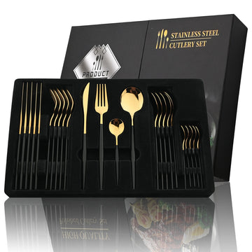 24-Piece Luxury Black Handle Golden Cutlery Set - High-Quality Stainless Steel Knife, Fork, and Spoon Tableware Flatware Set for Festival, Kitchen, and Dinnerware - Ideal Gift for Friends and Family