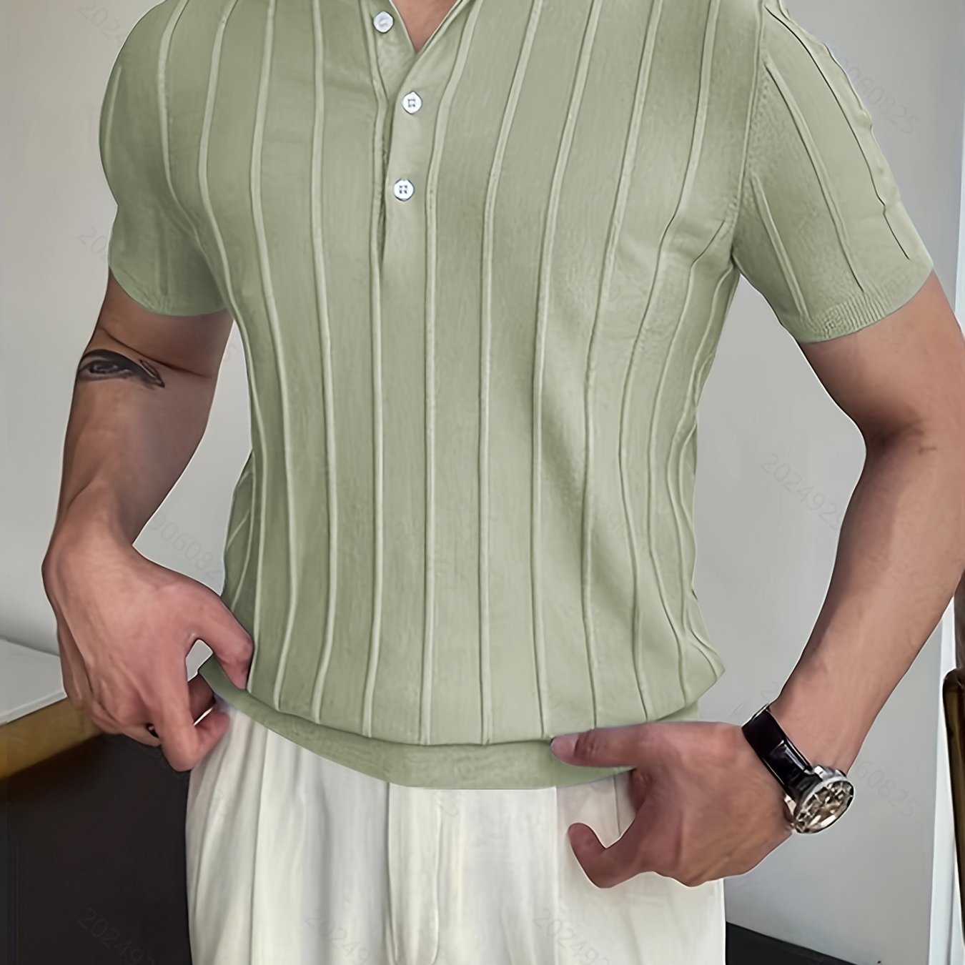 Vertical Striped Chic Shirt, Men's Casual Solid Color High Stretch .