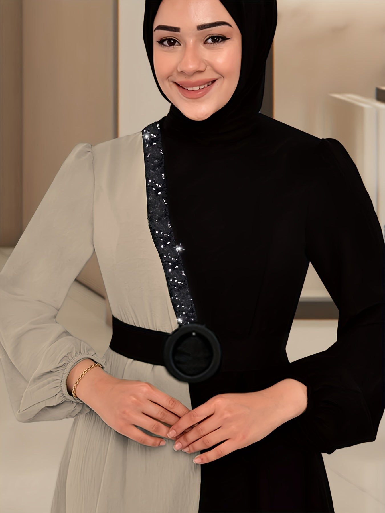 Color Block Long Sleeve Kaftan Dress, /MH