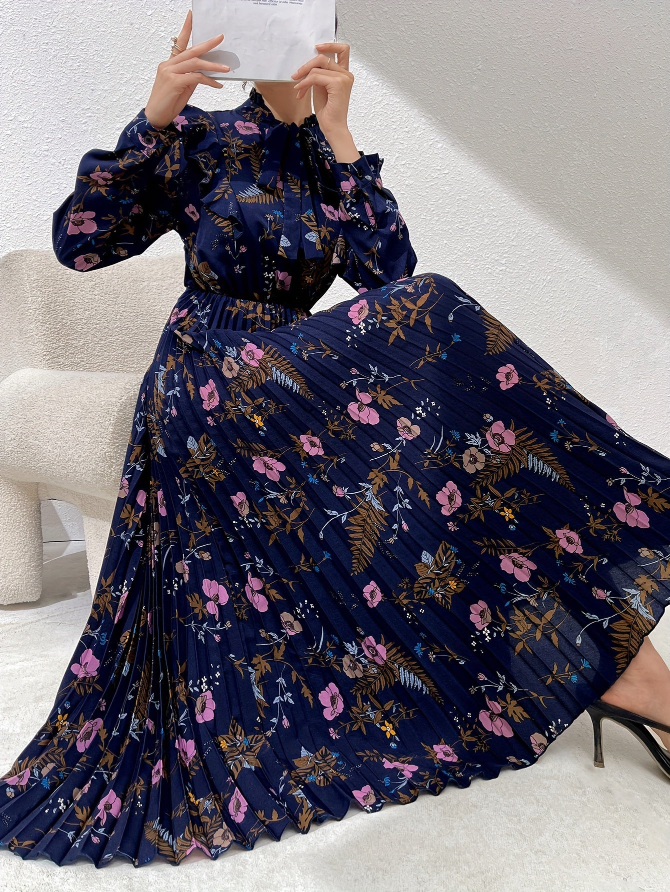Floral Print Tie Neck Ruffle Trim Kaftan Dress, Elegant Long Sleeve '/MH