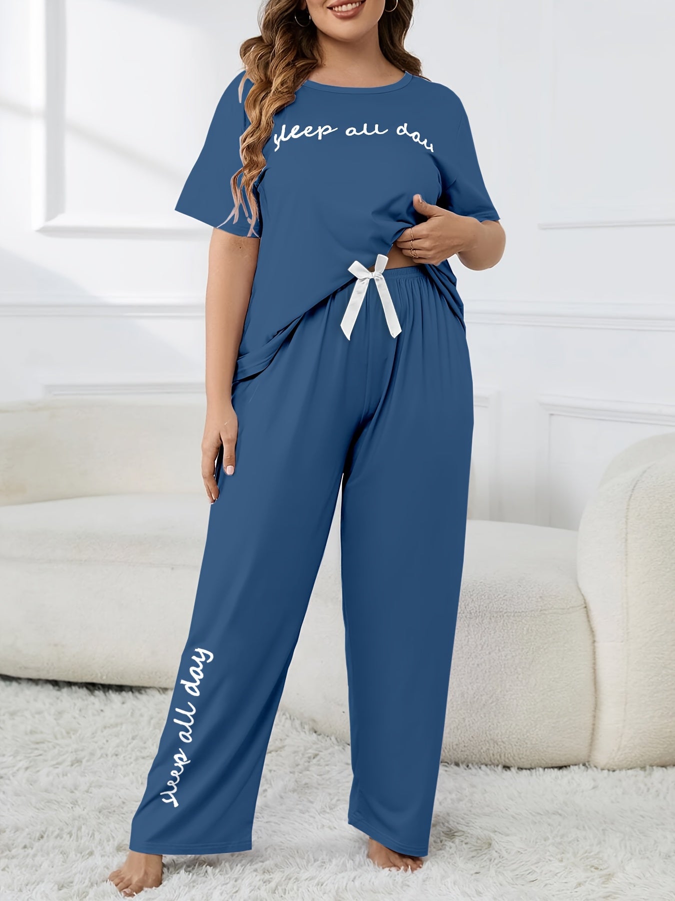 Plus Size Women's Cute Pajama Set, Plus Size Letter Print Short Sleeve Top and Pants Casual 2pcs, Plus Size Pajama Sets