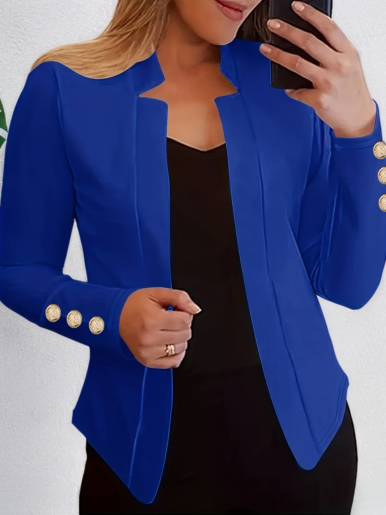 Solid Open Front Button Decor Blazer, Elegant Long Sleeve Blazer.
