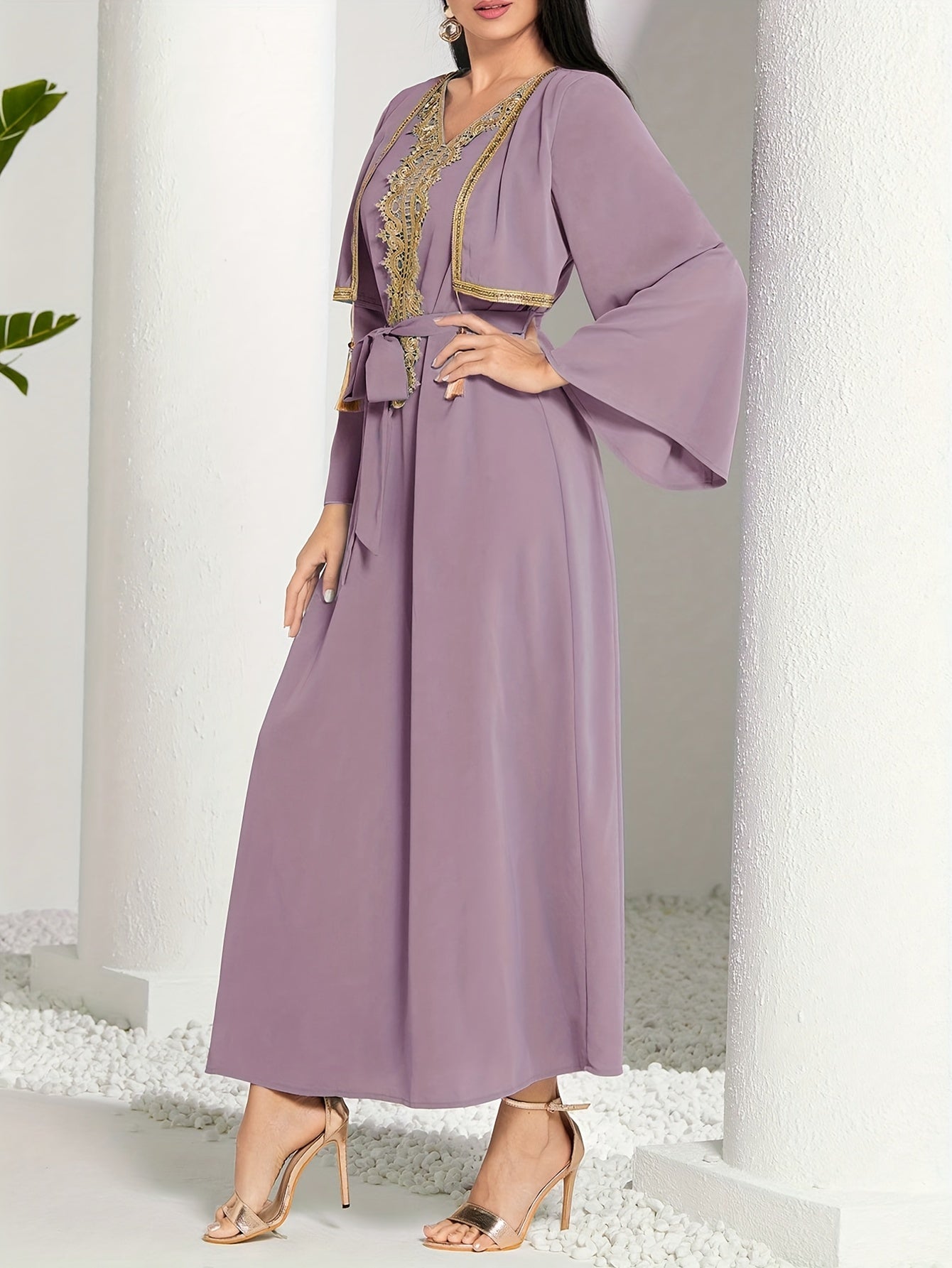 2 In 1 Lace Trim V-neck Kaftan Dress, /MH