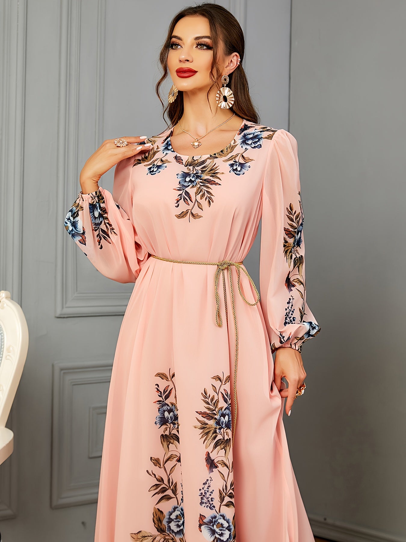 Floral Print Long Sleeve Kaftan Dress, women fashion'/MH