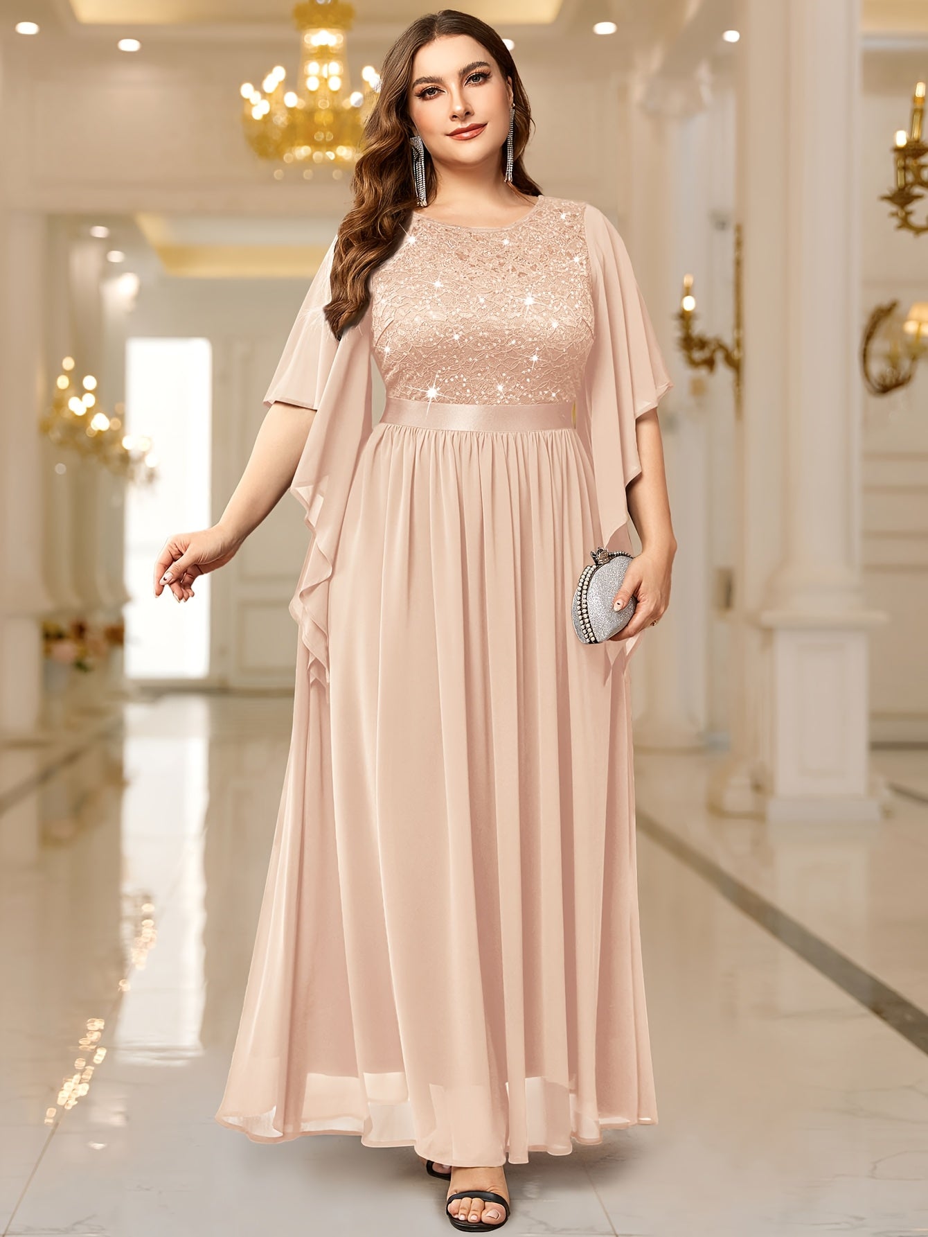 Elegant Plus Size Women's Butterfly Sleeve Sequin Lace Evening Dress .MH