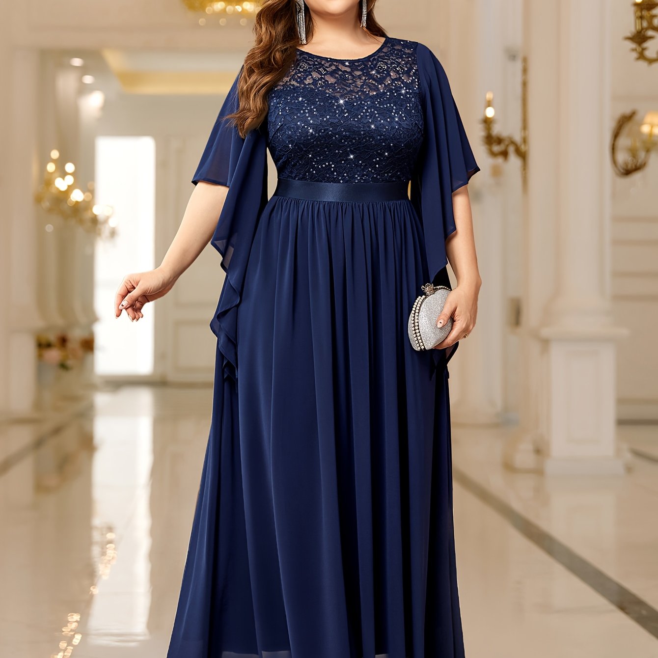 Elegant Plus Size Women's Butterfly Sleeve Sequin Lace Evening Dress .MH