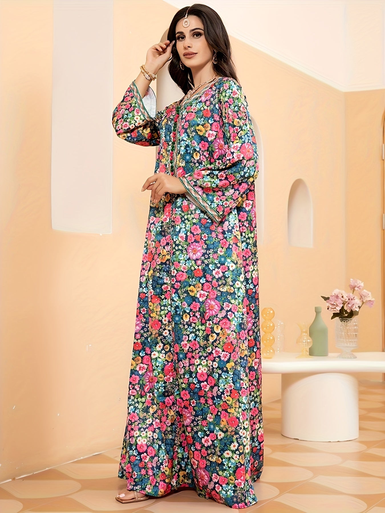 Floral Print V Neck Kaftan, Elegant Long Sleeve Maxi Dress, / MH