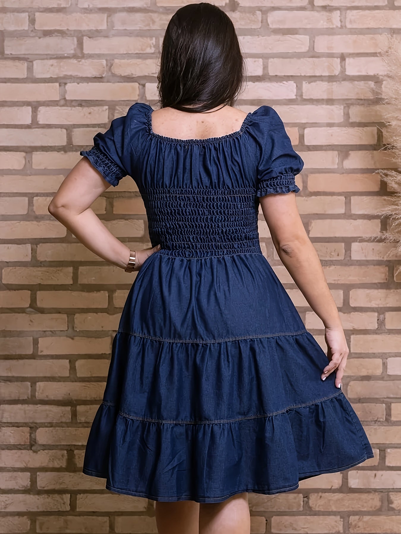 Plus Size Women's Elegant Smocked Waist Multi-Layer Ruffled Dress -/MH