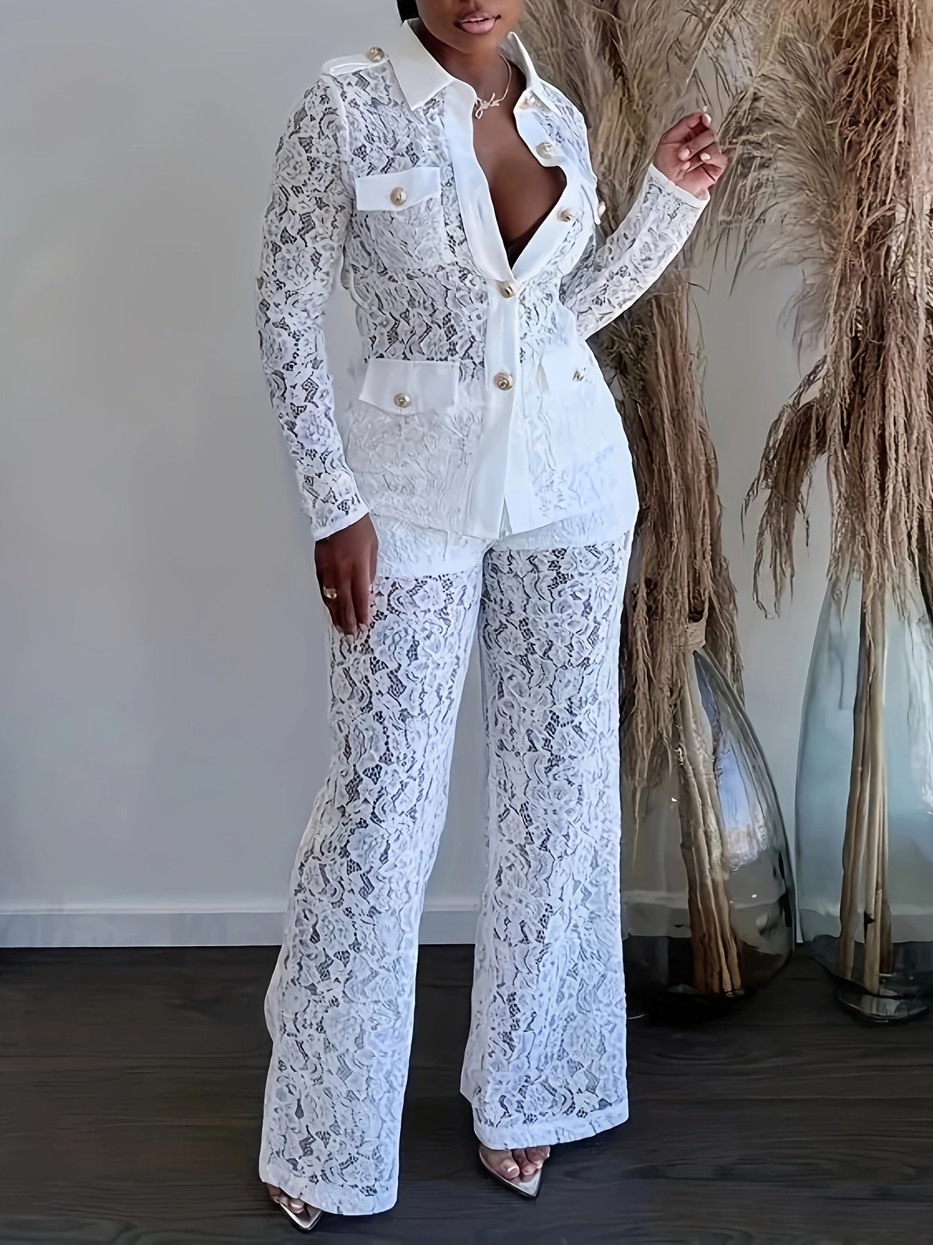 Elegant Solid Lace Pants Set, Single Breasted Flap Pockets Blazer.