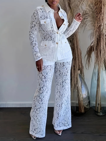 Elegant Solid Lace Pants Set, Single Breasted Flap Pockets Blazer.