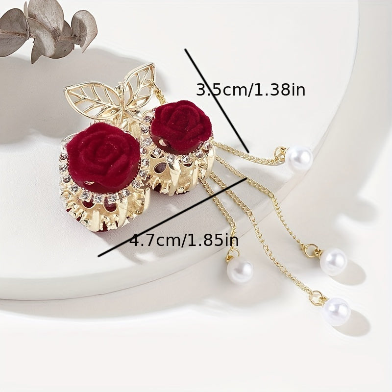 Elegant Red Rose Tassel Rhinestone Small Claw Clip,