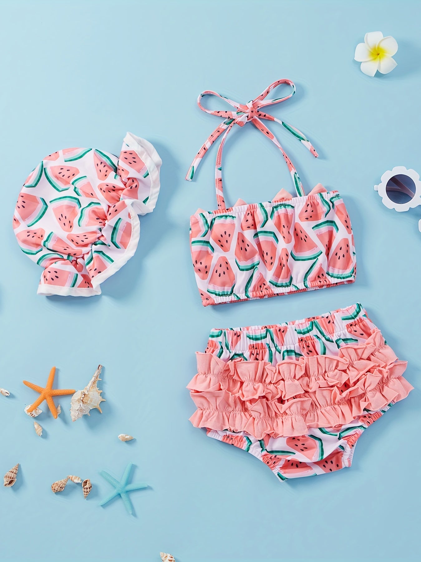 3pcs Baby Girls Bikini Tankini Swimsuit Sunflower Graphic Bow .