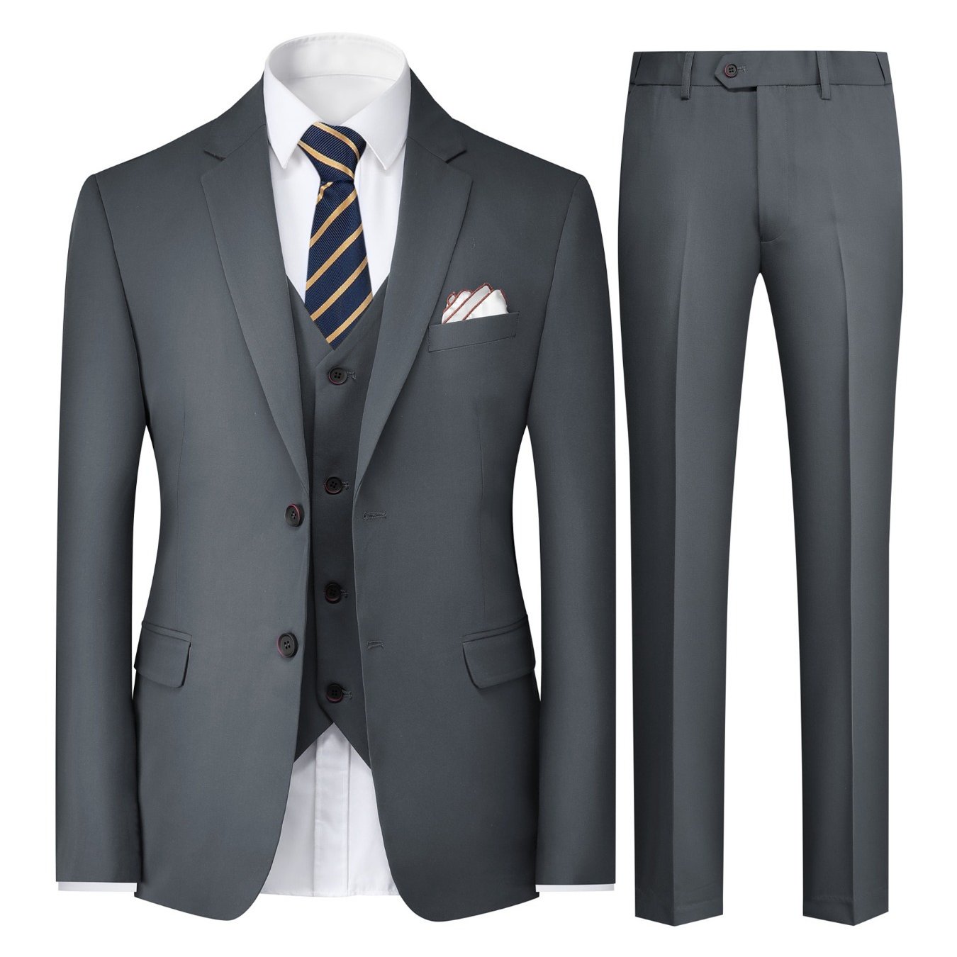3-Piece Men's Solid Color Suit Set, Blazer Jacket + Vest + Pants,