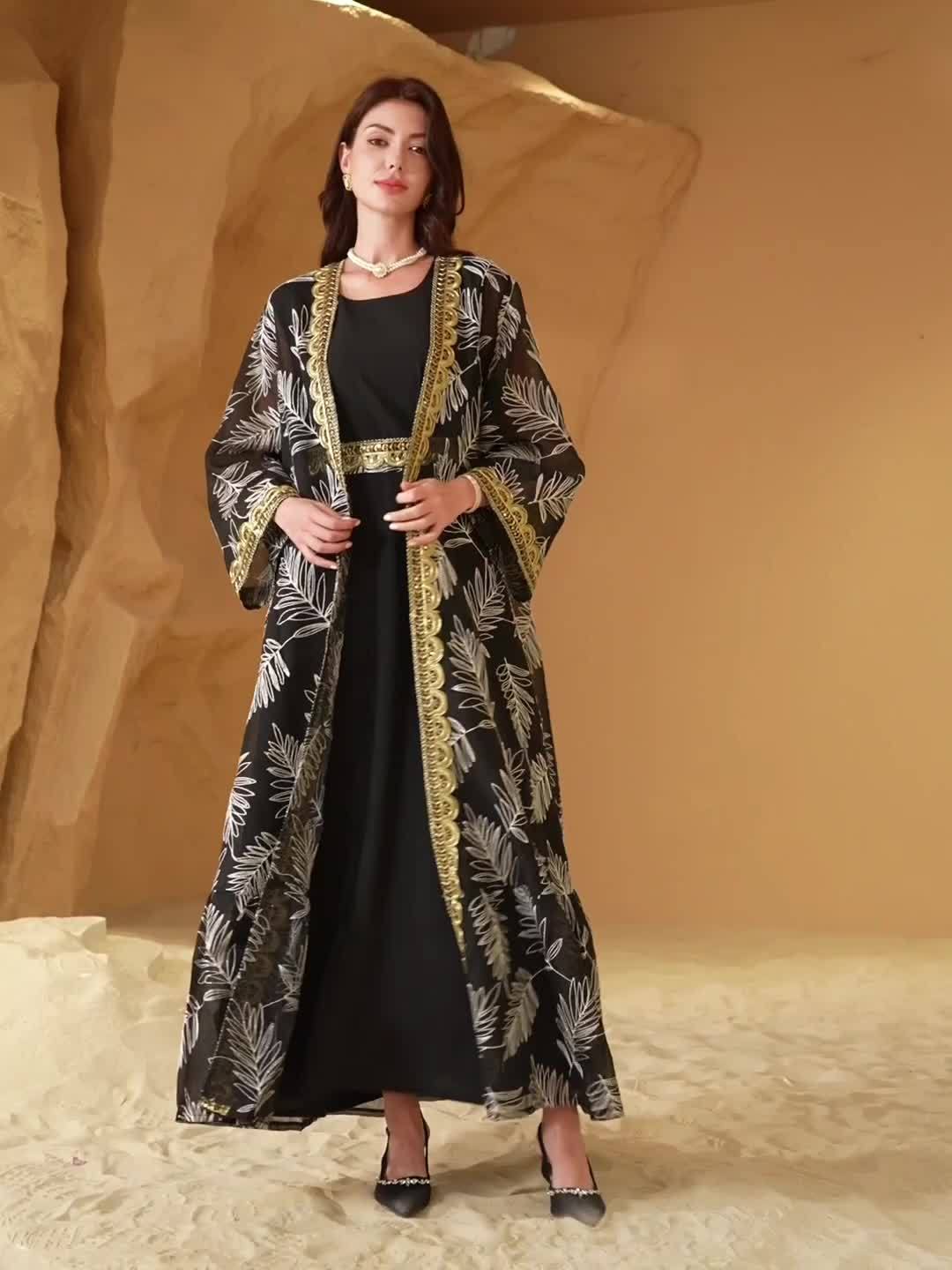 Elegant Black Abaya with Golden Floral Embroidery - Stylish Long-Sleeve '/MH