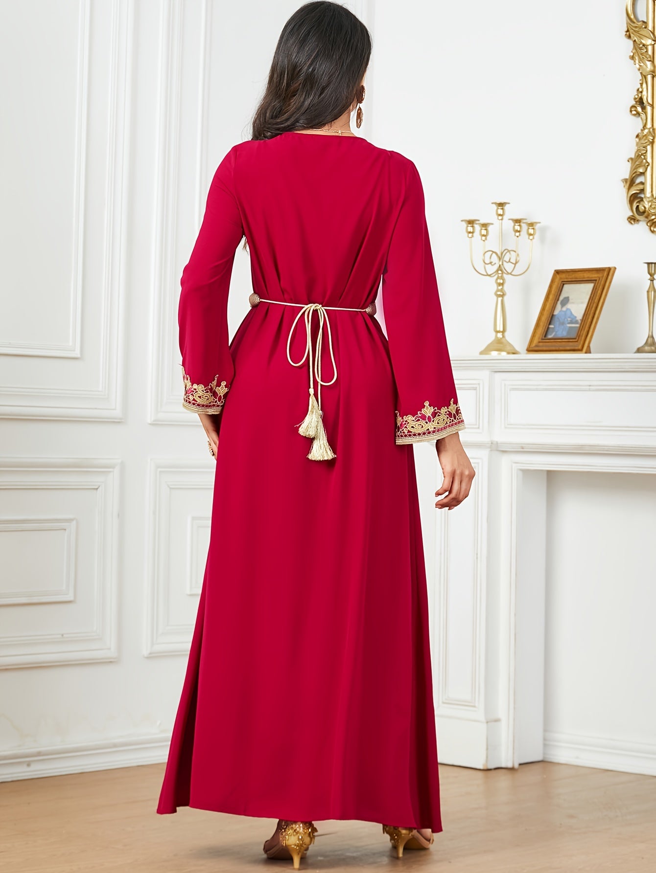 Contrast Lace V-neck Kaftan Dress, Elegant Long Sleeve'/MH