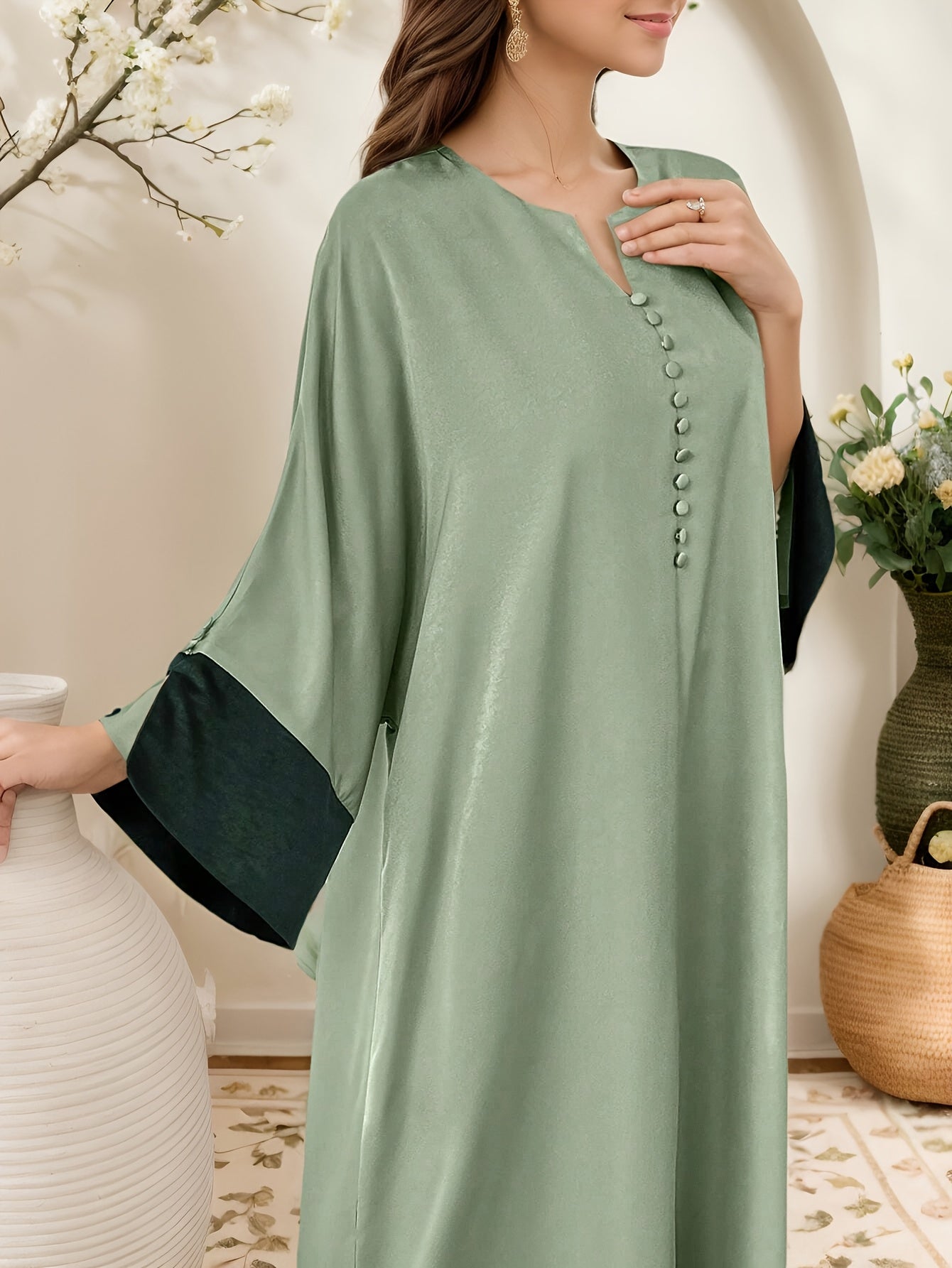 Abaya - Elegant Islamic Dress with V-Neck Button Front, /MH