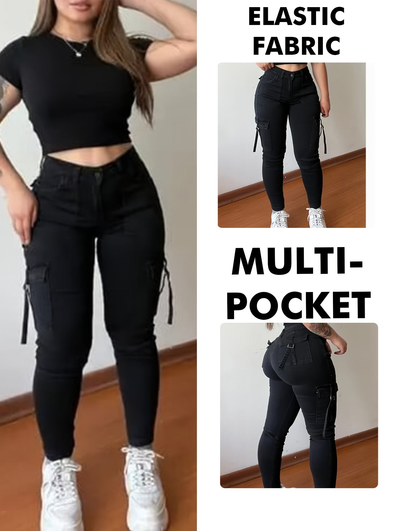 Women's High-Waist Stretchy Black Cargo Pants with Multiple Pockets -/MH