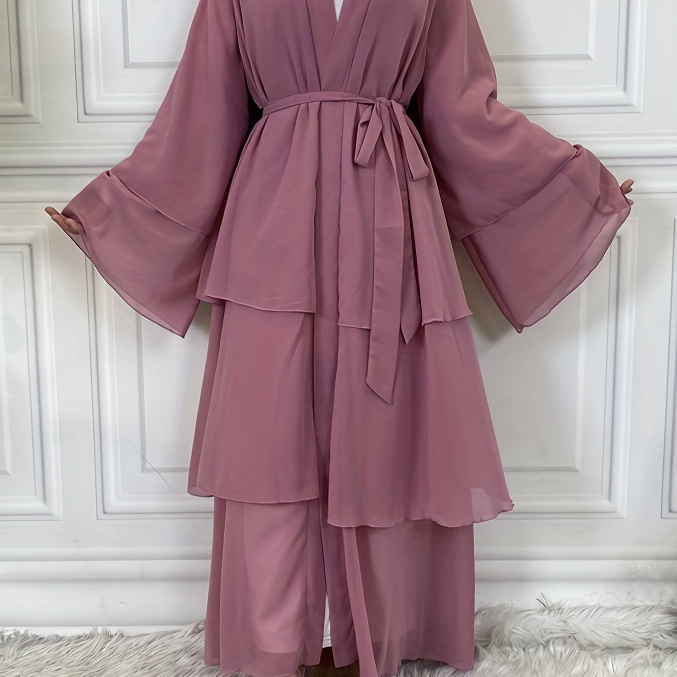 Layered Open Front Modest Dress, Long Sleeve Muslim Dress'/MH