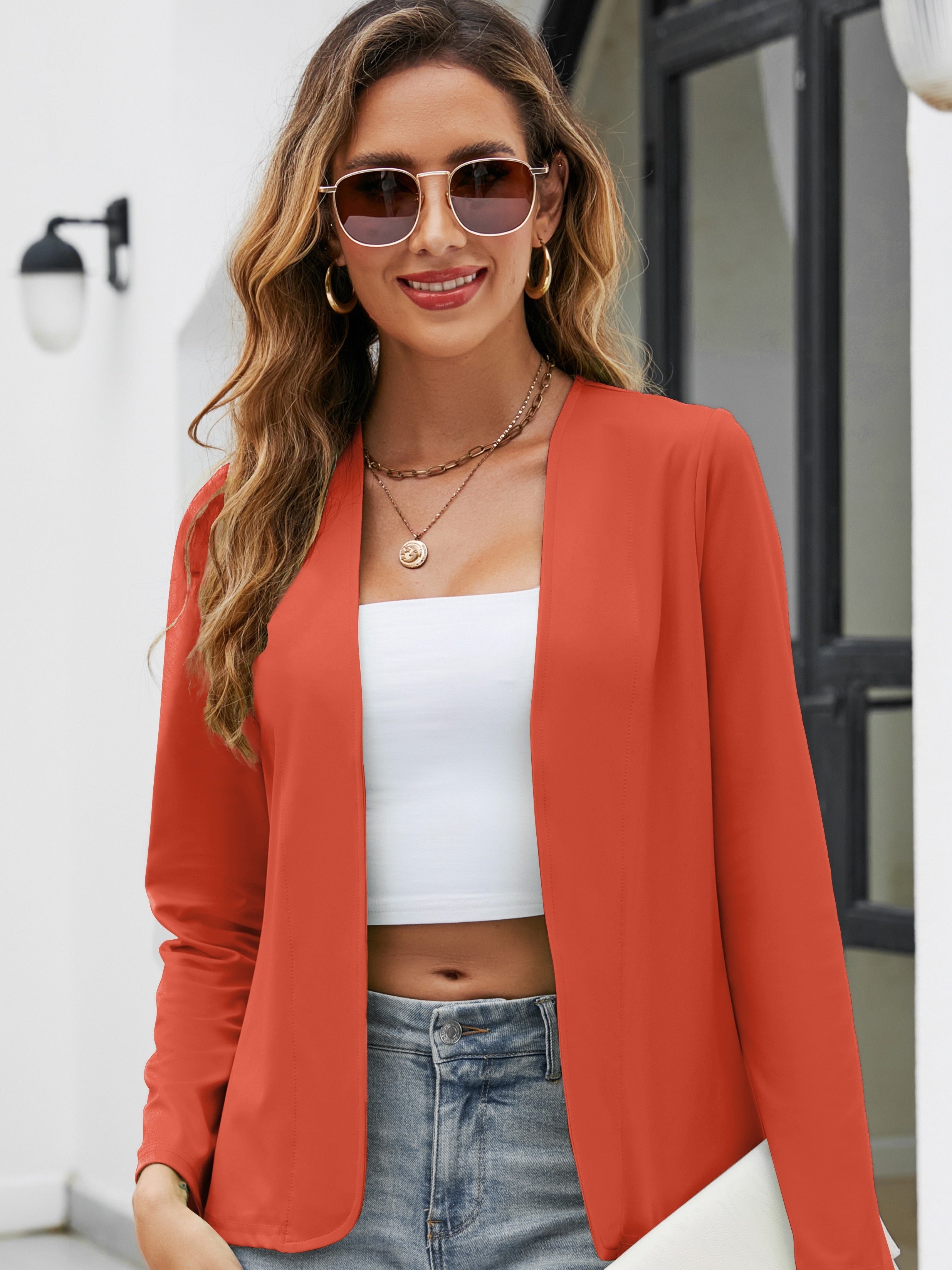 Solid Open Front Blazer, Casual Long Sleeve Work Office Outerwear,