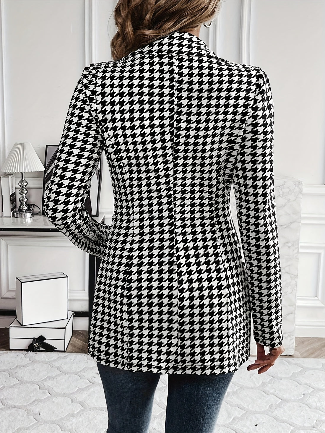 Houndstooth Print Button Front Blazer, Casual Lapel Long .